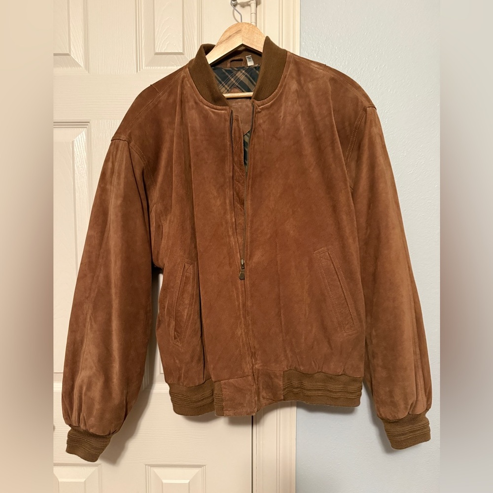 Roundtree & Yorke Men's Suede Leather Bomber Jacket Brown XL (shoulder padding)